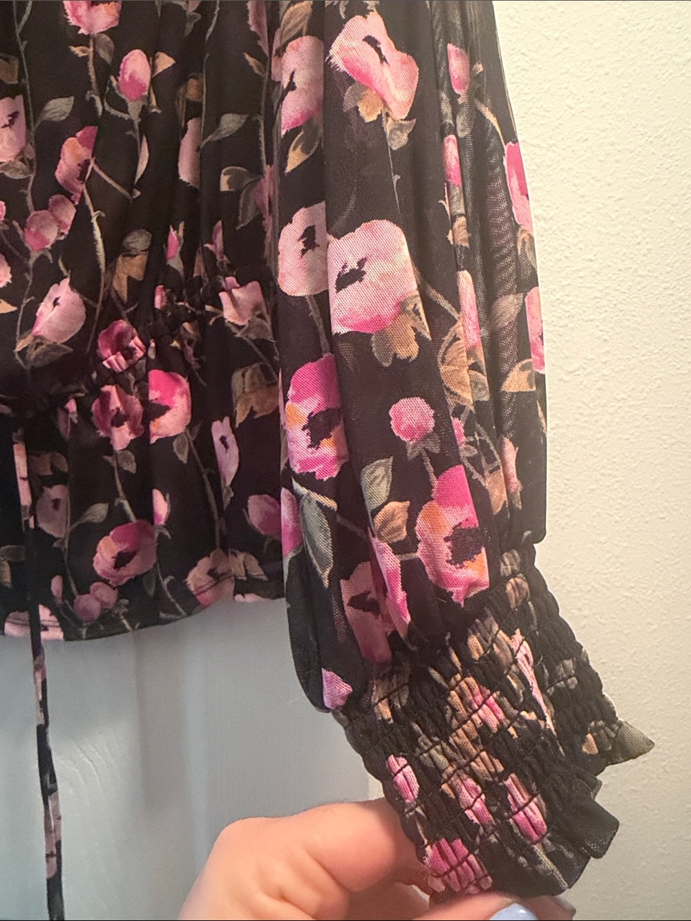 White House Black Market Black Off-Shoulder Floral Blouse with Pink Blooms - Picture 3 of 5